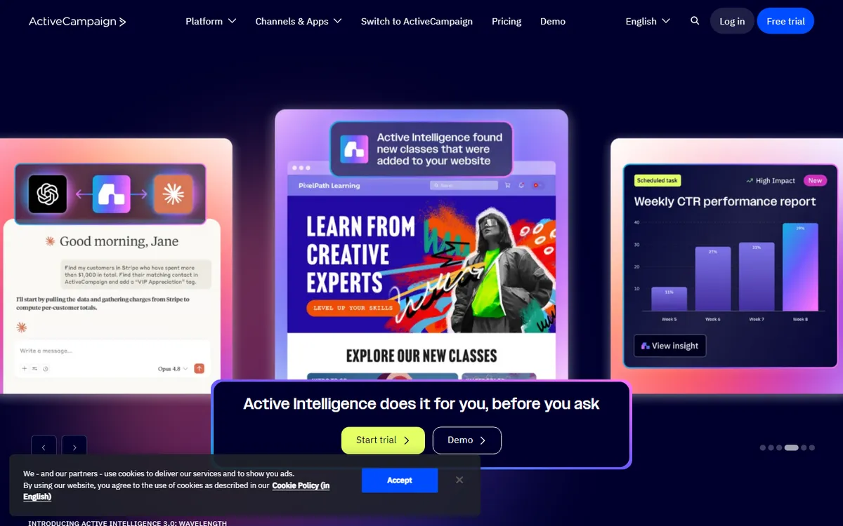 Screenshot of the ActiveCampaign homepage.