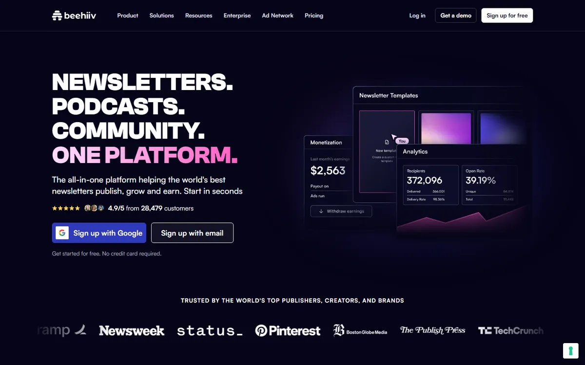 Screenshot of the beehiiv homepage.