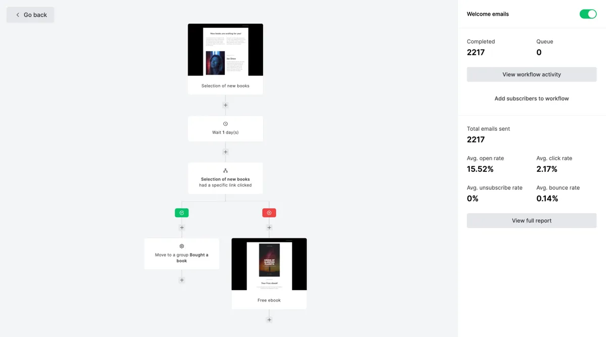 MailerLite's visual automation builder, showing a workflow with triggers, conditions and email steps connected on a canvas.