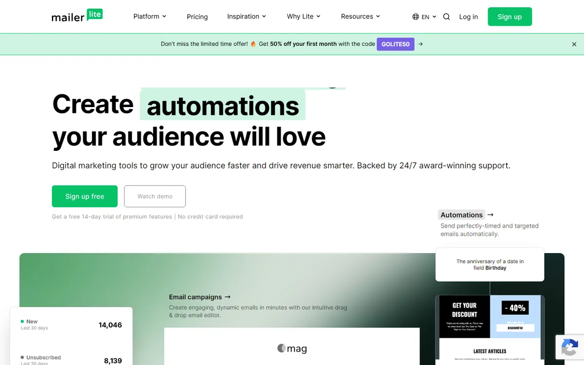 Screenshot of the MailerLite homepage as published on 16 September 2026.