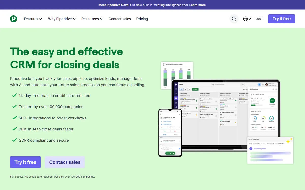 Screenshot of the Pipedrive homepage as published on 16 September 2026.